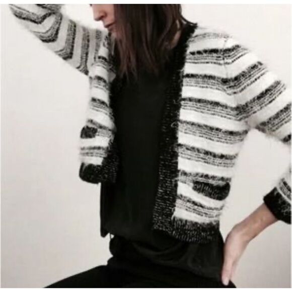 Calvin Klein black and white striped fuzzy open cardigan size medium - Picture 1 of 12